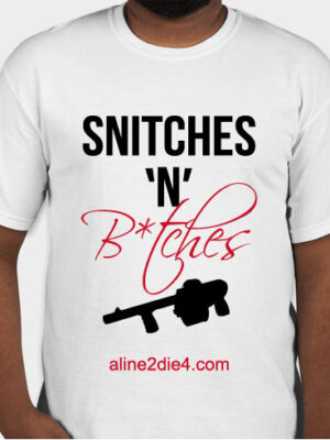 Men's fit t-shirt with 'Snitches 'n' B*tches' book cover art.