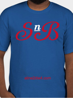 Mens's fit t-shirt with 'SnB' logo on a blue background.