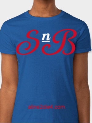 Womens's fit t-shirt with 'SnB' logo on a blue background.